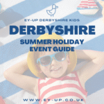 picture of young boy laying on a blue and white stripped towel with text saying derbyshire summer holiday guide
