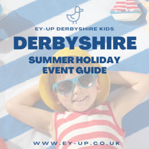 picture of young boy laying on a blue and white stripped towel with text saying derbyshire summer holiday guide