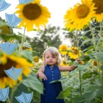 toddler in flower fields in Derbyshire of sunflowers