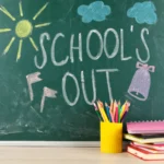 schools out written on Nottinghamshire blackboard for school holidays