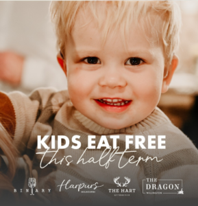 bespoke inns Derbyshire kids eat free poster with child in tan sweater smiling