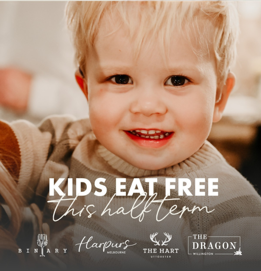 bespoke inns Derbyshire kids eat free poster with child in tan sweater smiling