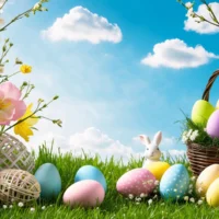 easter scene in nottingham with coloured eggs and baskets and easter bunnies